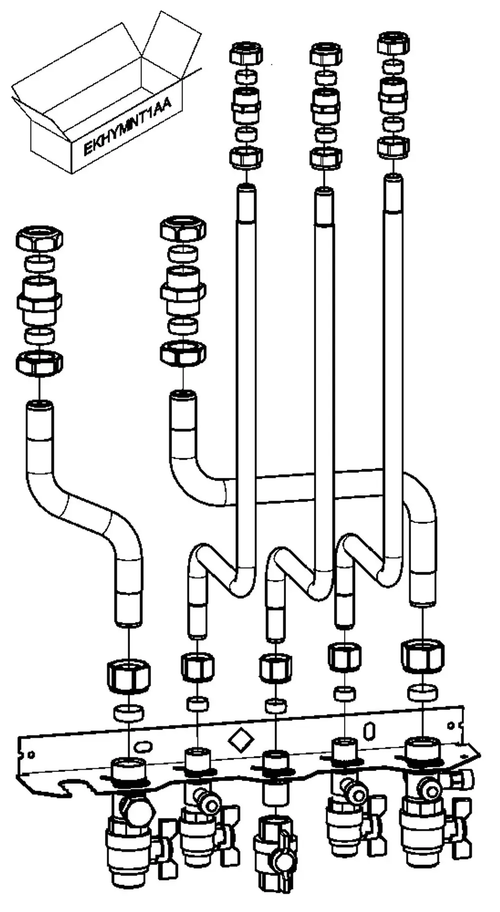 Diagramm einer Anschlussgarnitur für die Daikin Altherma R Hybrid-Wärmepumpe, bestehend aus Rohren, Ventilen und Verbindungsstücken, dargestellt in technischer Zeichnung.